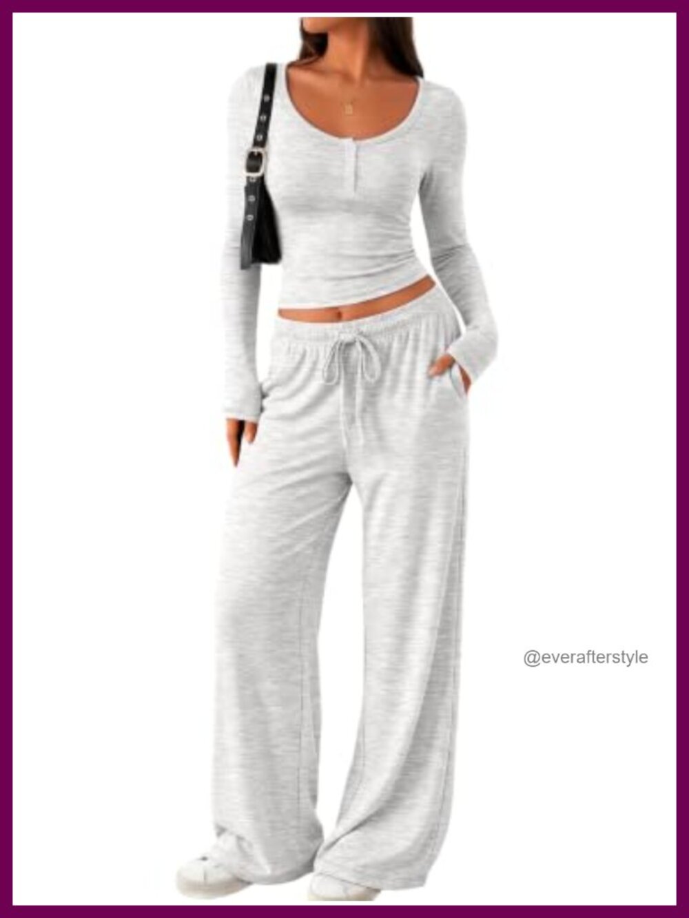 Rayon Spandex Lounge Set Henley Crop Wide Leg Pants Travel Fall Outfit